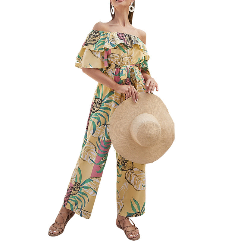 Women Clothing Fashion off-Shoulder Floral Jumpsuit Summer Short Sleeve Chiffon Vacation Beach Jumpsuit