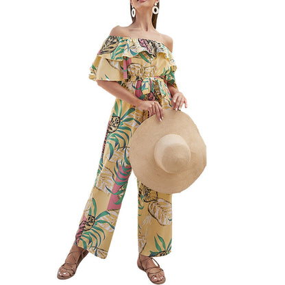 Women Clothing Fashion off-Shoulder Floral Jumpsuit Summer Short Sleeve Chiffon Vacation Beach Jumpsuit