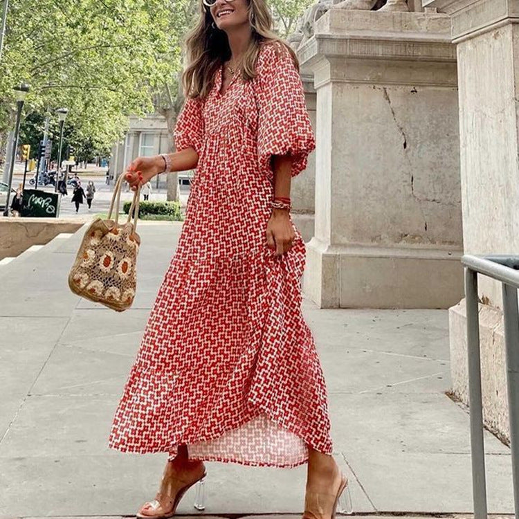 Women's fashionable street picnic bubble sleeve layered elegant party MIDI dress
