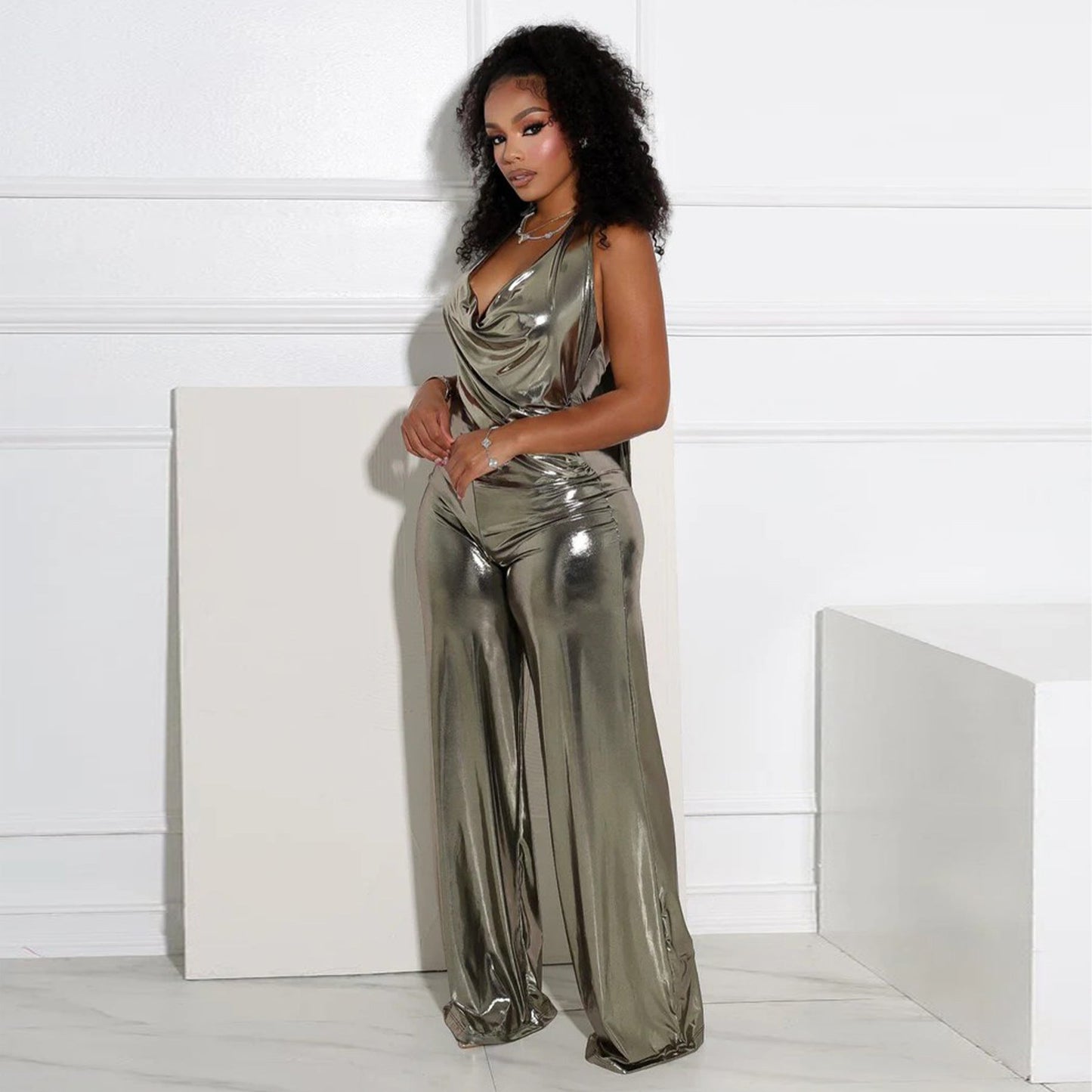 Women Clothing Swing Collar Halter Backless Wide Leg Jumpsuit Women