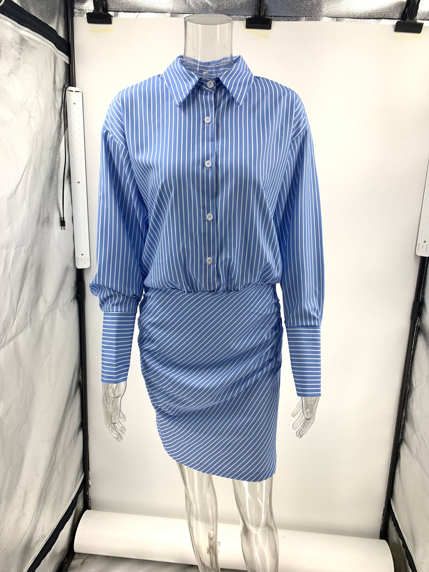 Cruising Weekend Striped Button Up Ruched Shirt Mini Dress