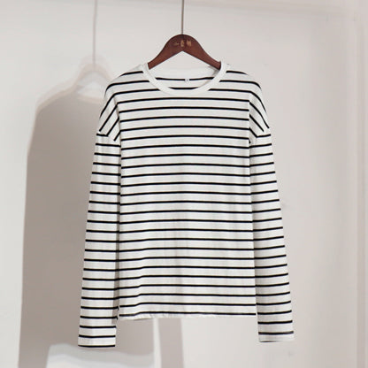 Long Sleeved Striped T shirt Spring Trendy Wild Casual round Neck Cotton Striped T shirt