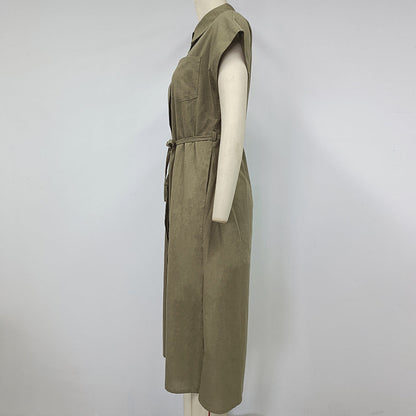 Women Clothes Collared Loose Long Shirt Dress Single Breasted Waist Dress