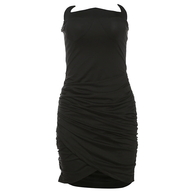 Women Clothing Autumn Winter Elegant Sexy Slim Pleated Tube Top Hip Dress Women