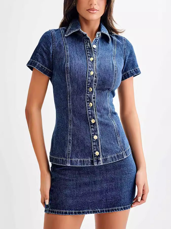 Women Denim Short Sleeve Button High Waist Skirt Sets