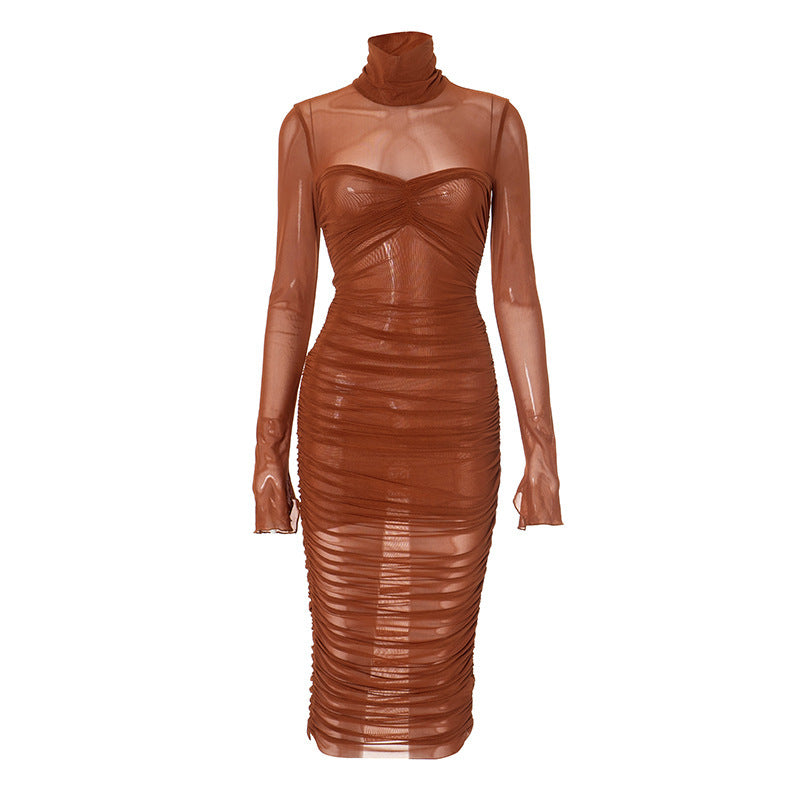 Autumn Solid Color Turtleneck Mesh Stitching Long Sleeve Sexy Sheath Pleated Dress