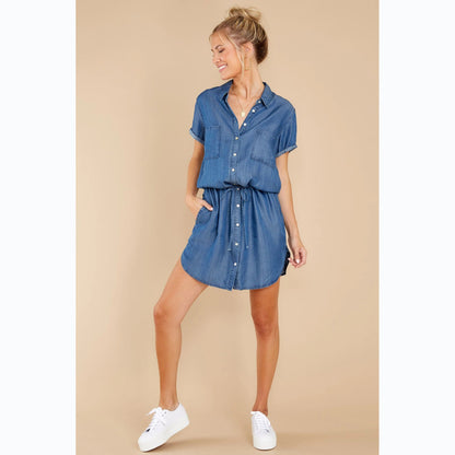 Spring Summer Casual Belt Single-Breasted Denim Dress