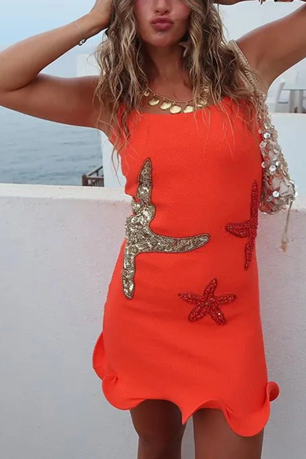 Beachside Dreams Starfish Sequin Wave Hem Stretch Tank Mini Dress