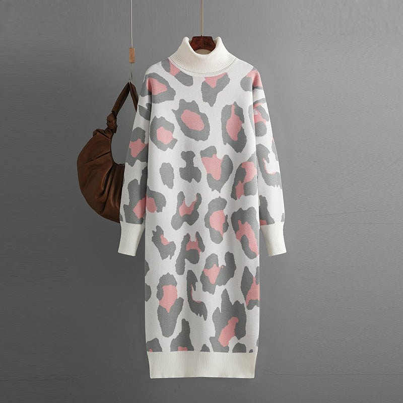 Autumn Winter Turtleneck Base Knitted Dress Leopard Print for Women