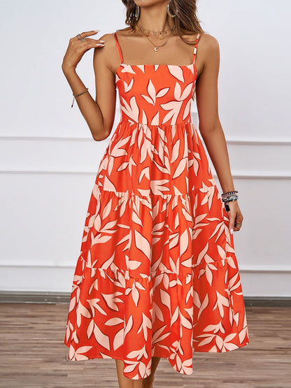 Vacation Spaghetti Strap Backless A line Long Casual Swing Printing Dress Women