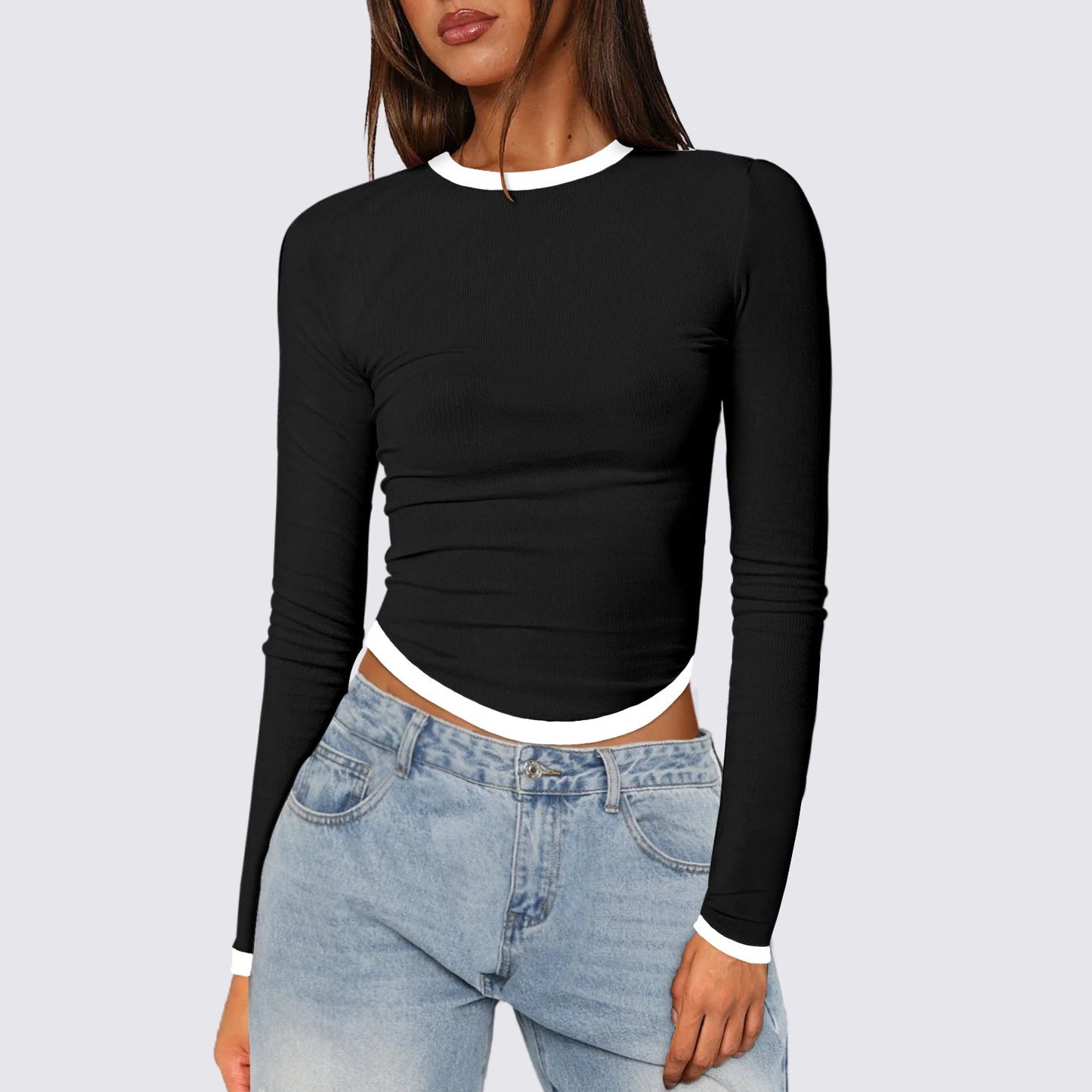 Women Clothing Spring Summer Long Sleeve round Neck Slim Fit Contrast Colors Short Pullover Top Women