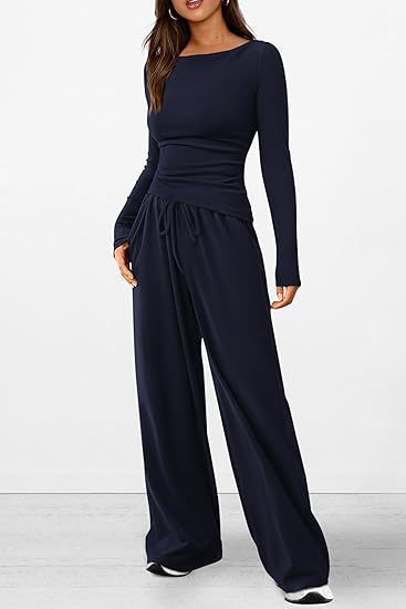 Autumn Casual Suit Asymmetric Long Sleeve T Shirt Wide Leg Pants Casual Wear Sportswear