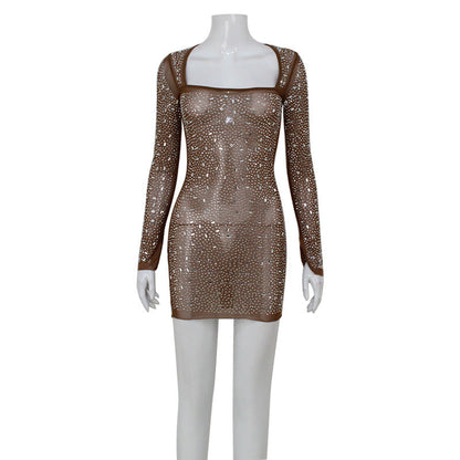 Arrival Women Clothing Square Collar Long Sleeve Rhinestone Affordable Luxury Sexy Dress High Waist Short Dress for Women