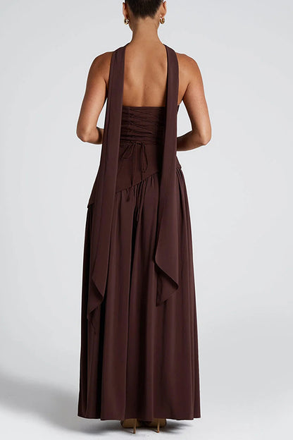  Strapless Back Lace-up High Slit Splice Maxi Dress