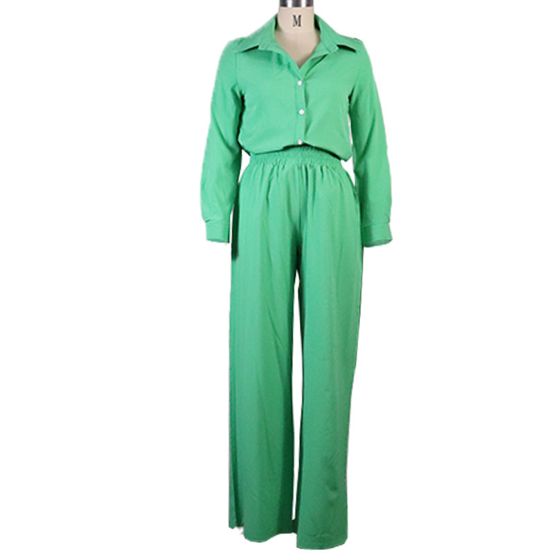 Women Clothing Solid Color Sexy Cardigan Shirt Casual Loose-Fitting Wide-Leg Trousers Two-Piece Set