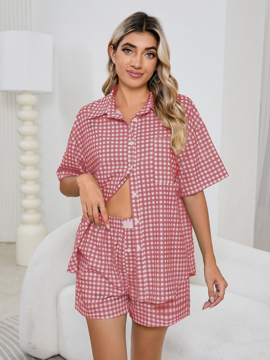 Women Casual Comfortable High Waist Loose Wide Legs Retro Plaid Shorts Checked Shirt Women