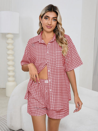 Women Casual Comfortable High Waist Loose Wide Legs Retro Plaid Shorts Checked Shirt Women