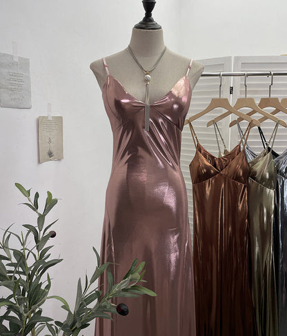 Sexy Liquid Metal Color Sling Dress with Chest Pad Dress
