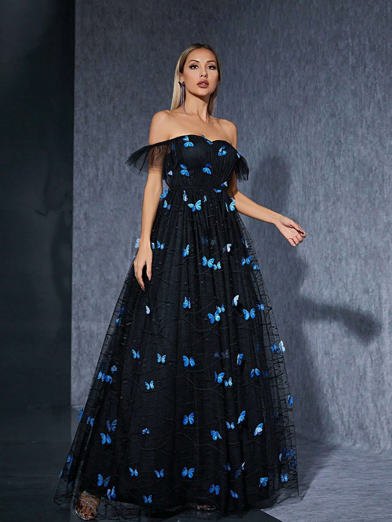 Black off Shoulder Dress Butterfly Embroidered Mesh Niche Cocktail Party Evening Dress