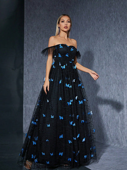 Black off Shoulder Dress Butterfly Embroidered Mesh Niche Cocktail Party Evening Dress