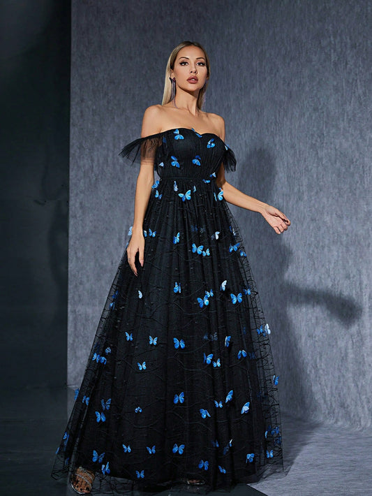 Black off Shoulder Dress Butterfly Embroidered Mesh Niche Cocktail Party Evening Dress