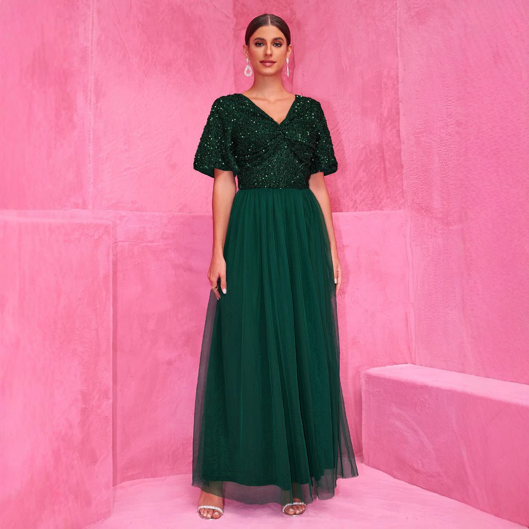 Dress Elegant A line Sequined Dress Short Sleeve Stitching Double V neck A line Tulle Evening Dress