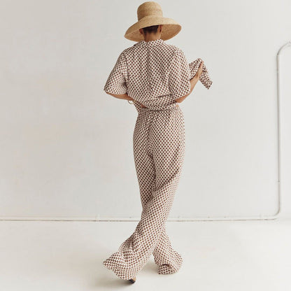 Women Clothing Summer Printing Suit Short Sleeve Collared Shirt Lace up Trousers Two Piece Set