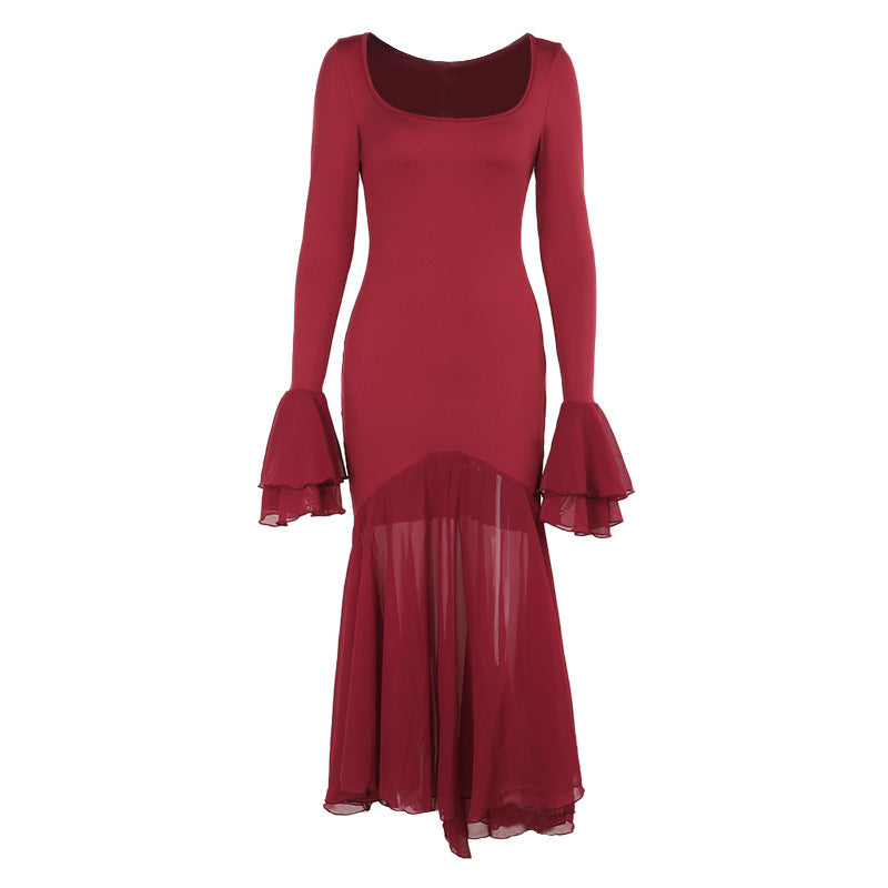 Autumn Socialite Elegant Sexy Slim Fit Ruffled Hem Long Sleeve Dress Women