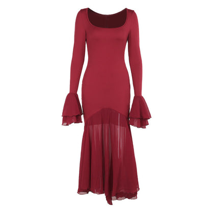 Autumn Socialite Elegant Sexy Slim Fit Ruffled Hem Long Sleeve Dress Women