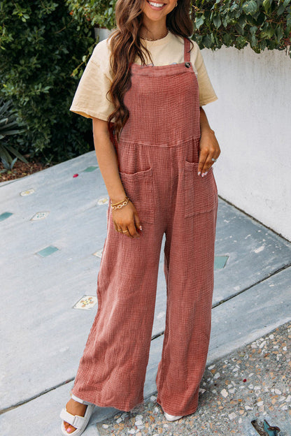 Summer Women Casual Solid Color Pocket Square Collar Loose Overalls