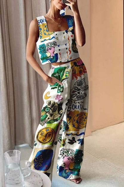 Printed Wide Leg Pants Vest Casual Two Piece Set Women Amplified craft