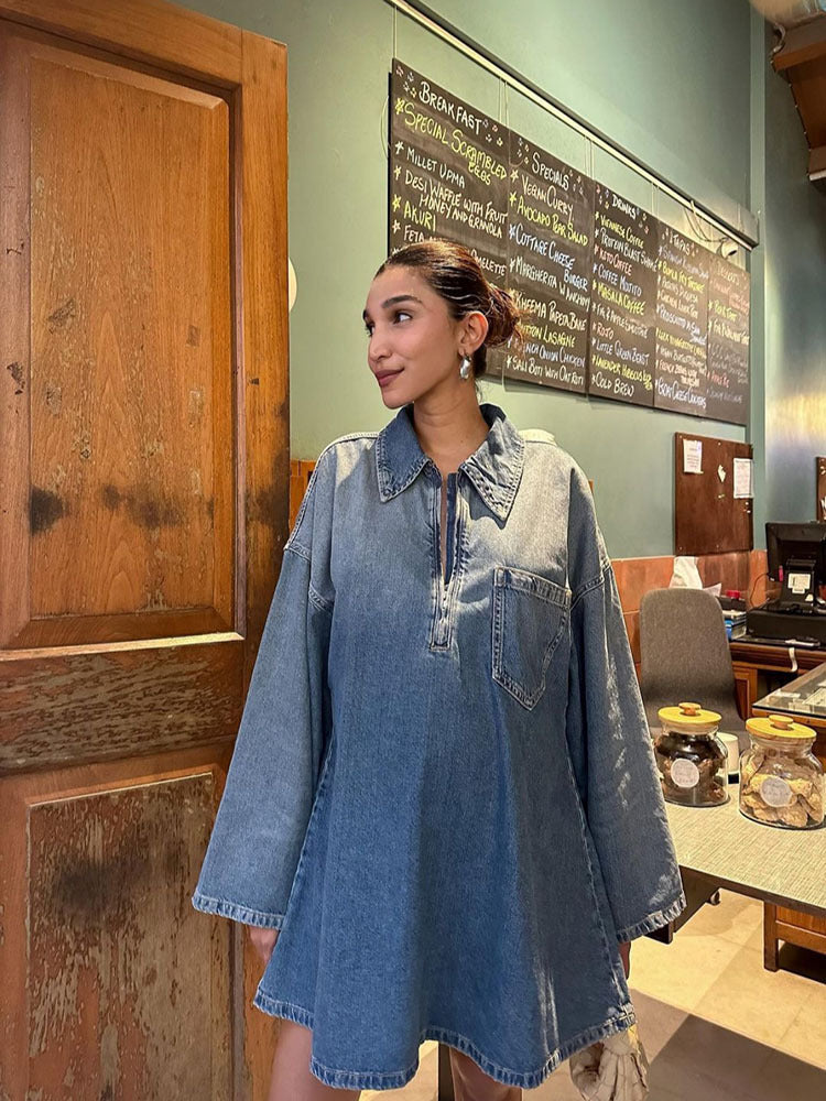 Spring Summer Collared Patch Pocket Bell Sleeve Denim Dress