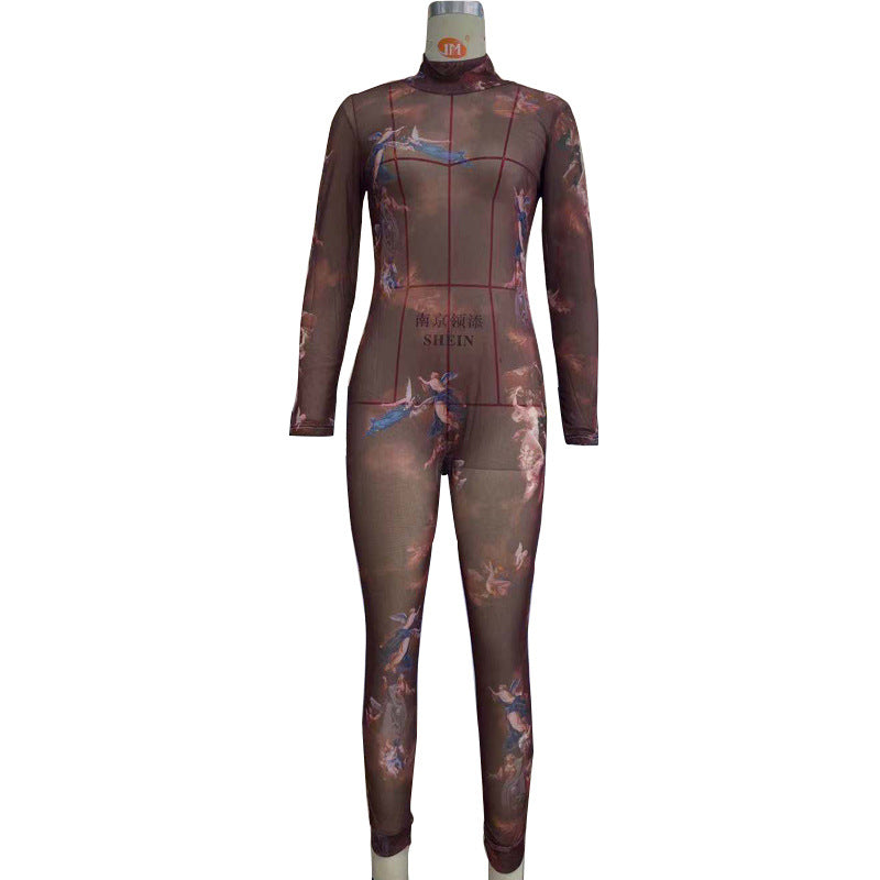 Sexy Printed Tight Jumpsuit Hip High Elastic Mesh Casual Pants