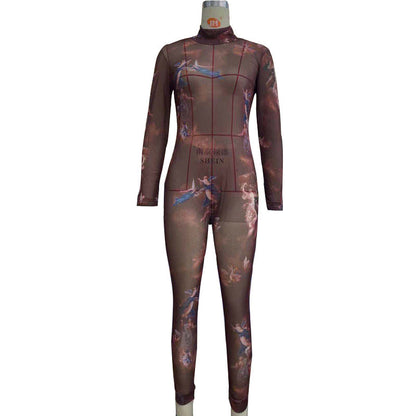 Sexy Printed Tight Jumpsuit Hip High Elastic Mesh Casual Pants