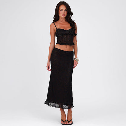 Spring Women Clothing Sexy V neck Backless Lace Camisole Sheath Skirt Set
