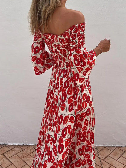 Ladies' Vacation Flower Street Elegant Printed Off Shoulder Waist Pocket Long Dress