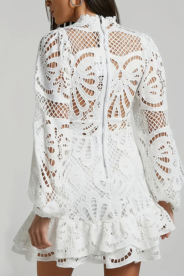 Solid Color Hollow Long-sleeved Waisted Lace Mini Dress