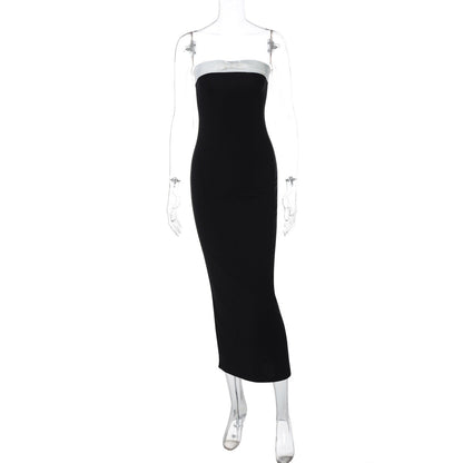 Women Clothing Spring Summer Sexy Tube Top Black White Color Matching Waist Slimming Slit Dress