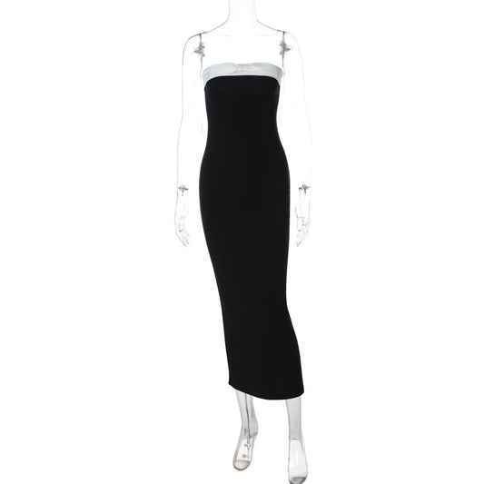Women Clothing Spring Summer Sexy Tube Top Black White Color Matching Waist Slimming Slit Dress