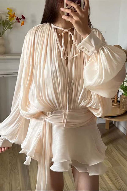 Ninah Glitter Fabric Pleated Balloon Sleeve Tiered Ruffle Hem Mini Dress