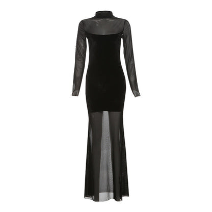Women Clothing Autumn Winter Personality Mesh Patchwork Turtleneck Long Sleeve Dress Women