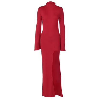 Spring Women Bell Sleeve Sexy Backless Slit Maxi Dress Slim Fit Dress