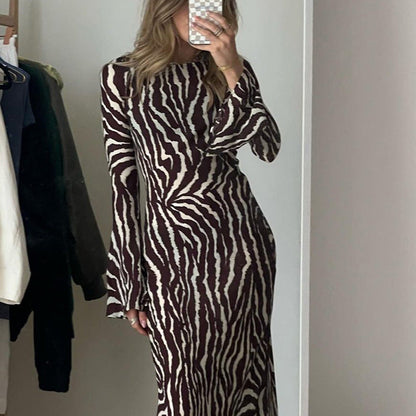 Striped Printing Loose Dress Casual round Neck Long Sleeve Dress Women Autumn Winter