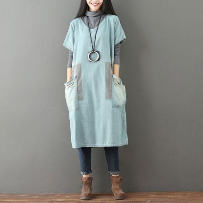 Vintage Robe Printed Distressed Worn Large Pocket Short Sleeve Dress