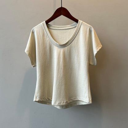 Three Dimensional Simple U Neck Short Sleeved T shirt for Women Summer Slimming Wide Sleeved Top