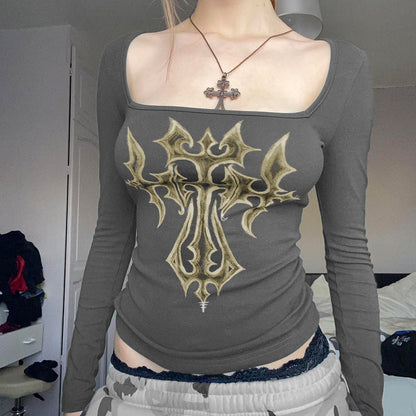 Cross Print Gothic Slim Long Sleeve Knit Top
