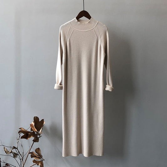 Knitted Dress Women Winter Half Turtleneck Bottoming Sweater Mid Length Overknee Dress