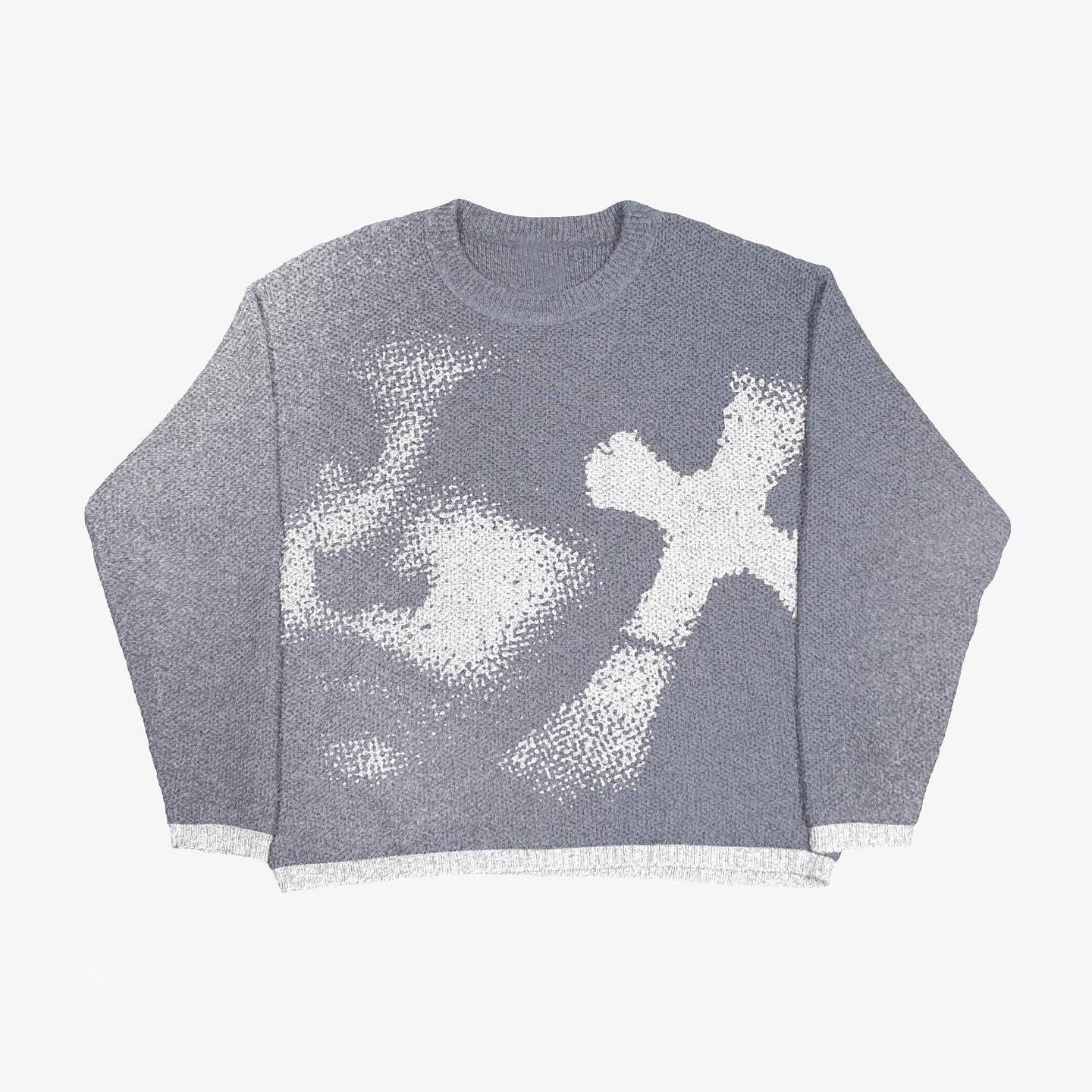Grunge Cross Printed Crewneck Loose-Fit Knit Sweater