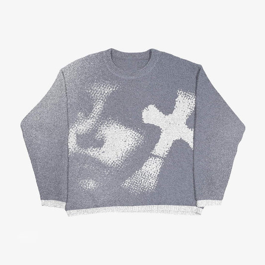 Grunge Cross Printed Crewneck Loose-Fit Knit Sweater