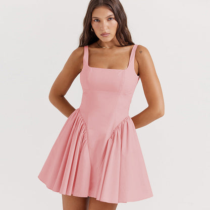 Autumn Solid Color Sexy Backless Stitching Lace up Short Girly Ruffled Dress Women